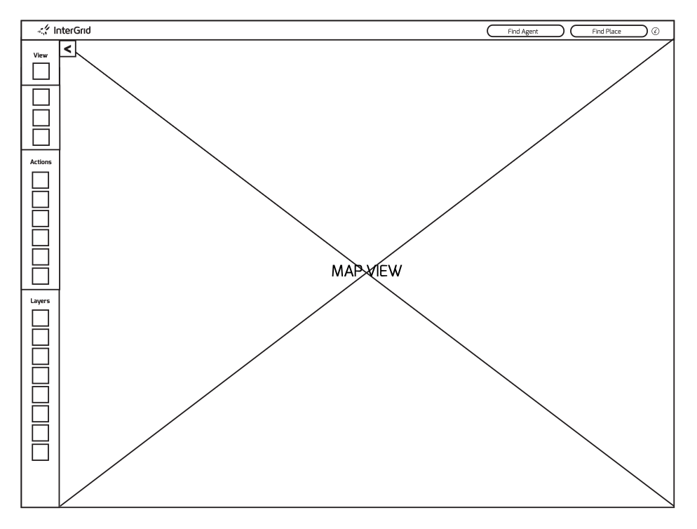 Low-fidelity wireframe: collapsed detail panel over the map view, with View, Actions and Layers navigation groups